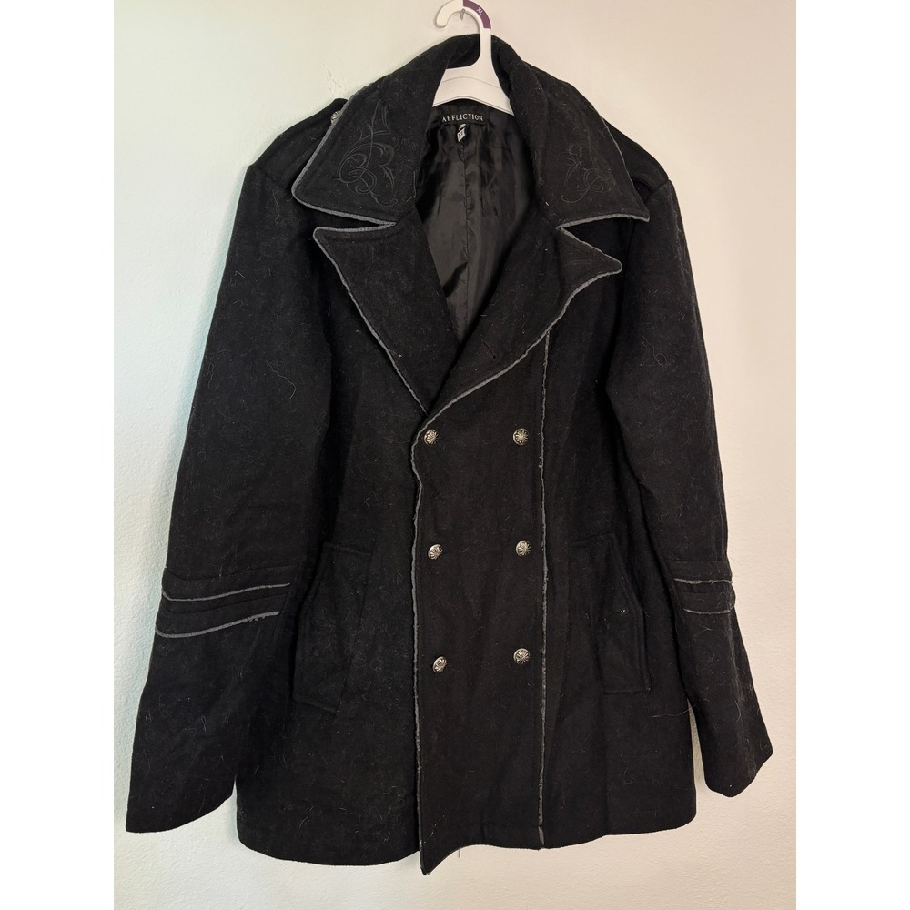 Affliction Mens Black Wool Pea Coat Gothic Cross Embroidered XL Double Breasted